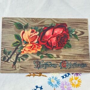 Antique Embossed Roses Birthday Postcard Woodgrain 1910 Posted Germany Ephemera